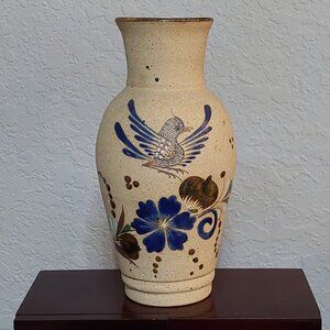Hand Painted Tonala Mexican Pottery Floral Bird Vase